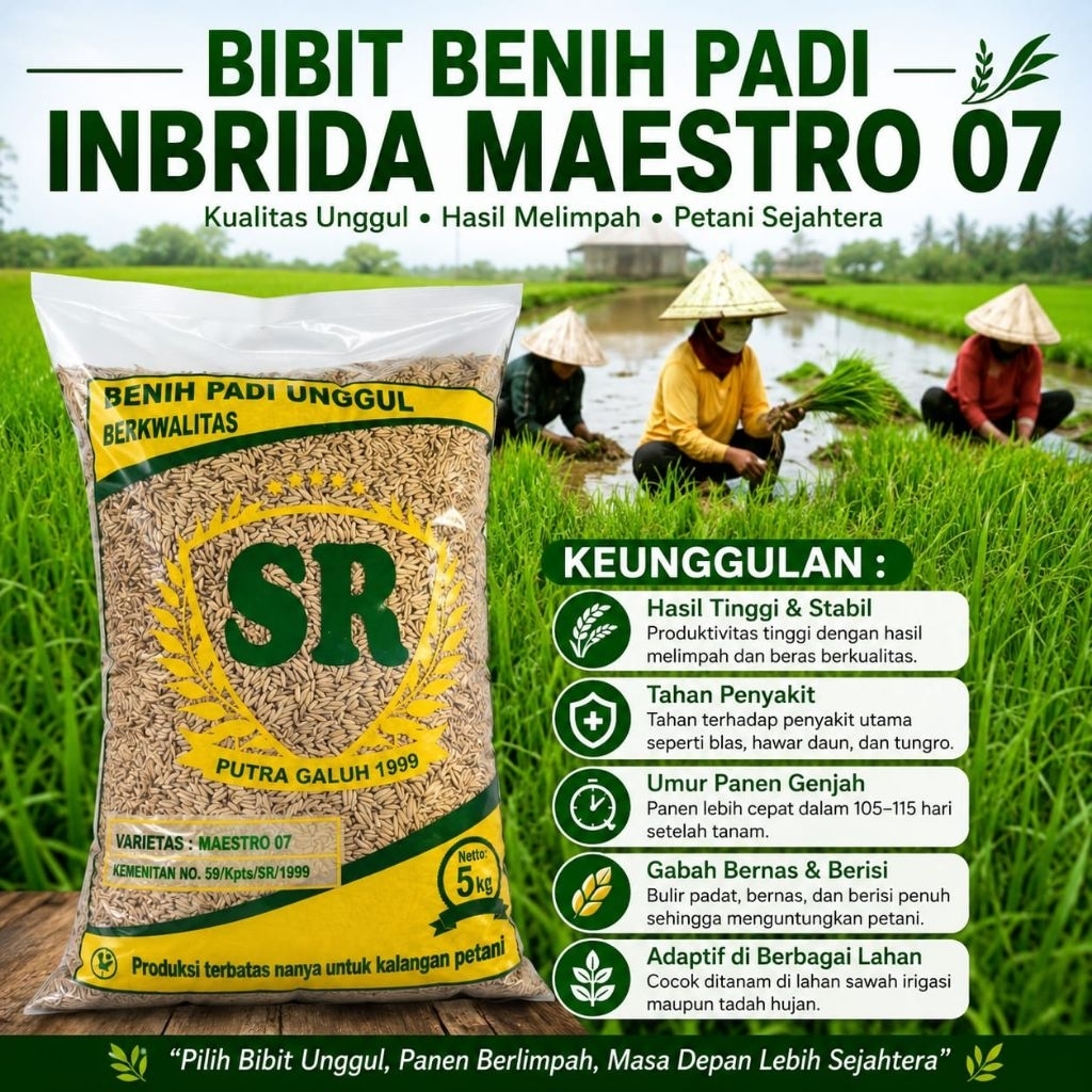Bibit benih padi inbrida maestro-07 tahan serangan anak banyak maestro07 kemasan 5,kg Kulitas Origin