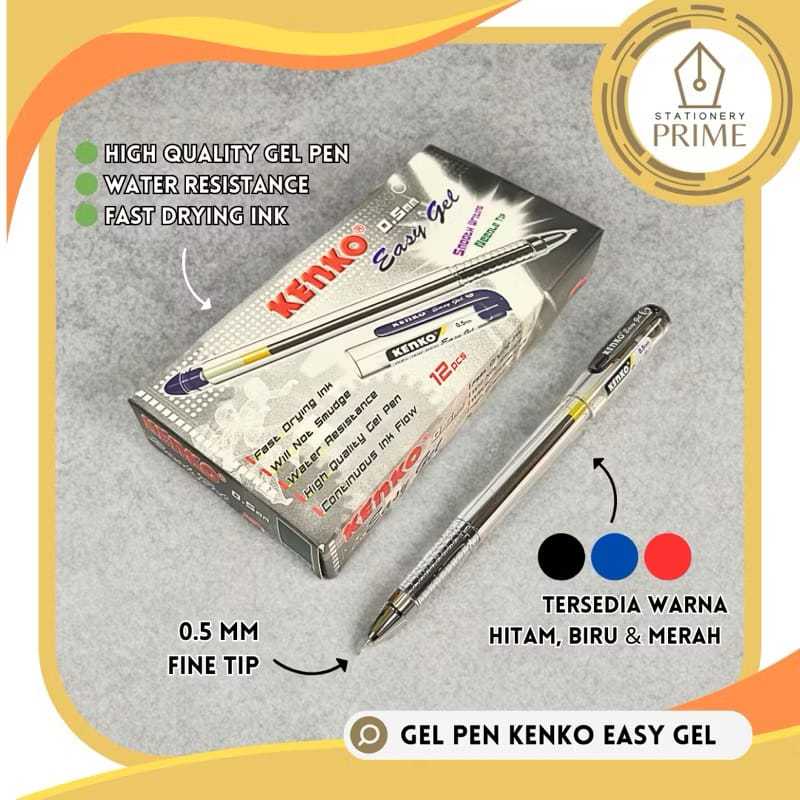 Gel Pen / Pulpen Gel KENKO EASY GEL 0,5mm Hitam Biru Merah ( Isi 12 Pcs )