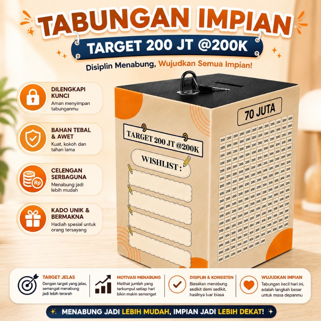 Celengan target 200 juta Kunci ganda Celengan Target 200 Juta 200K | Celengan Kunci Tabungan Impian 