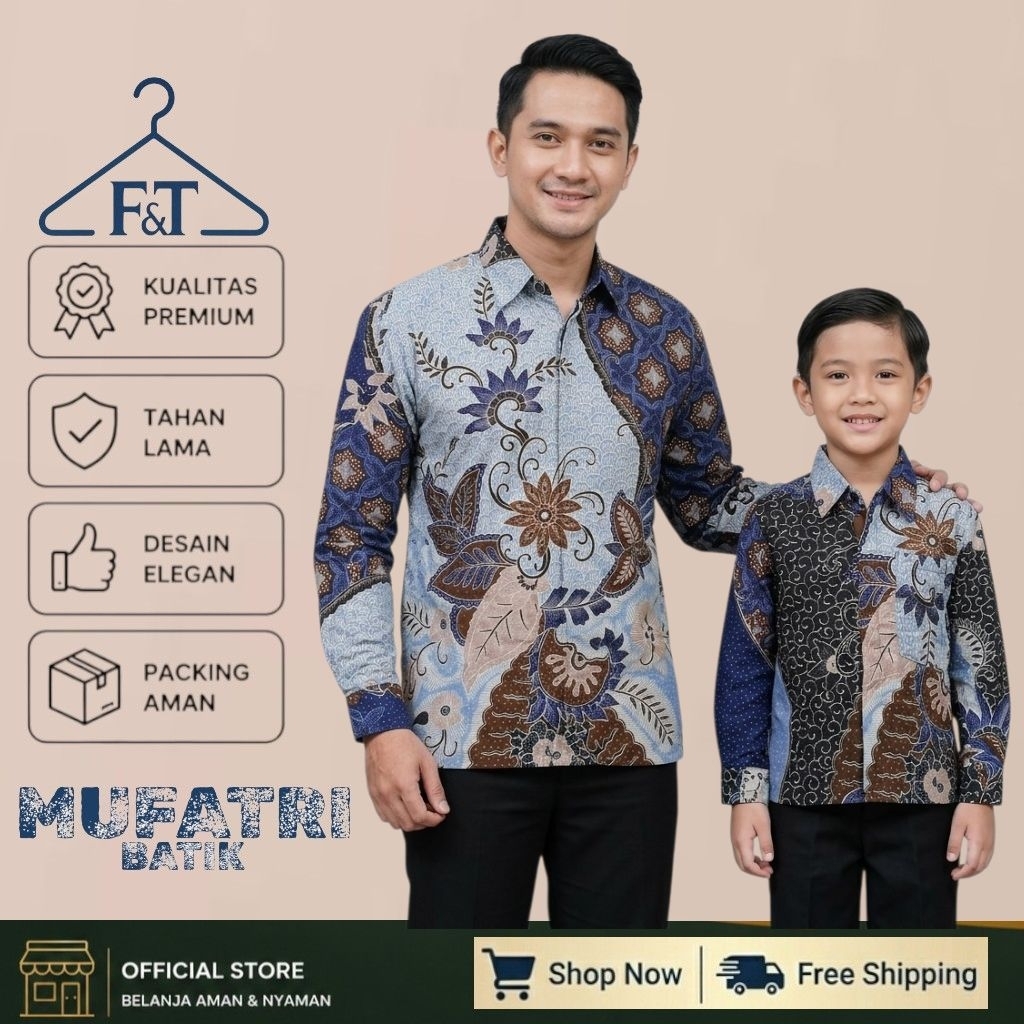 Batik Bahan Dobby Couple Ayah Anak Warna Baby Blue Lapis Furing Premium//seragam batik ayah dan anak
