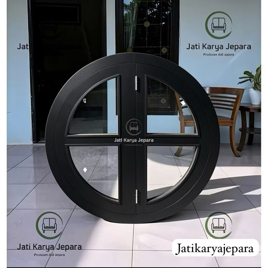 Kusen Jendela Bundar 60cm 12x6cm Hitam Doff  Minimalis Kayu Jati Solid untuk Desain Rumah Modern