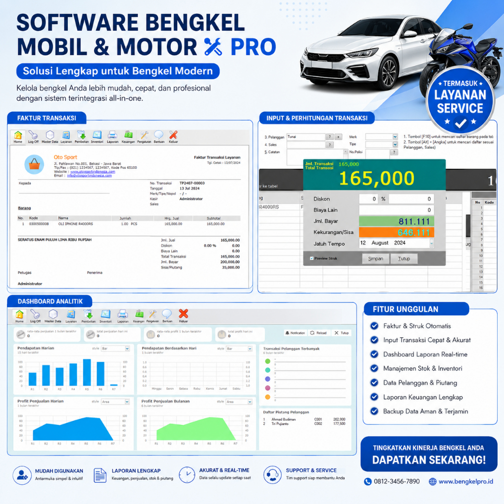 Software Bengkel mobil dan motor Pro + layanan service