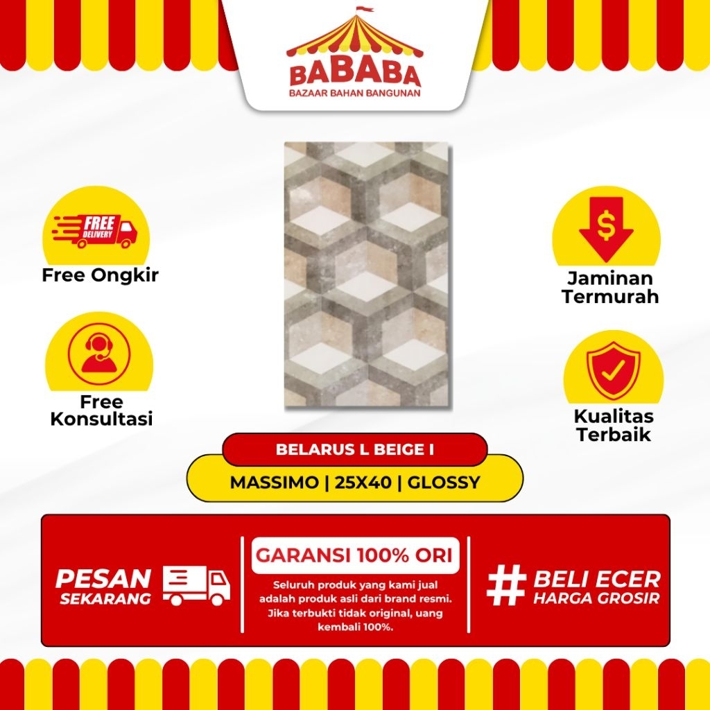 Keramik Dinding Ukuran 25x40 Massimo Belarus L Beige Glossy Kilap Rata Motif Hexagon Keramik Dinding