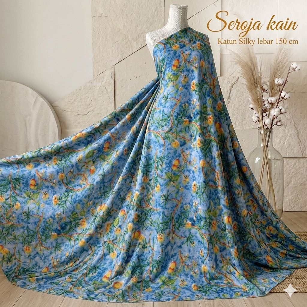 Kain Katun Silky Premium Motif Bunga Kecil Vintage Kuning Biru Lebar 150cm Bahan Gamis Tunik Dress -
