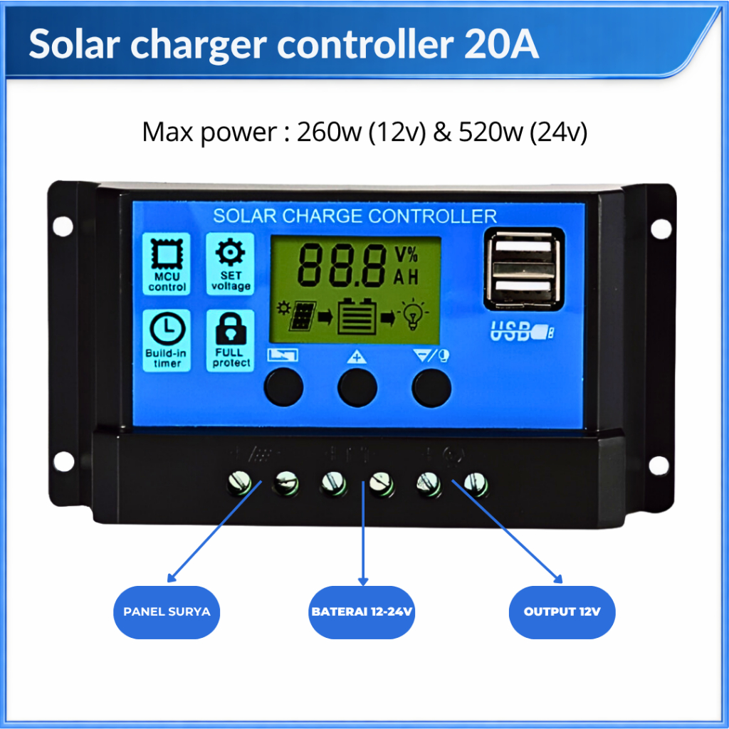 Solar Charger Controller 20A Panel Surya Charger 12-24V Charger Aki