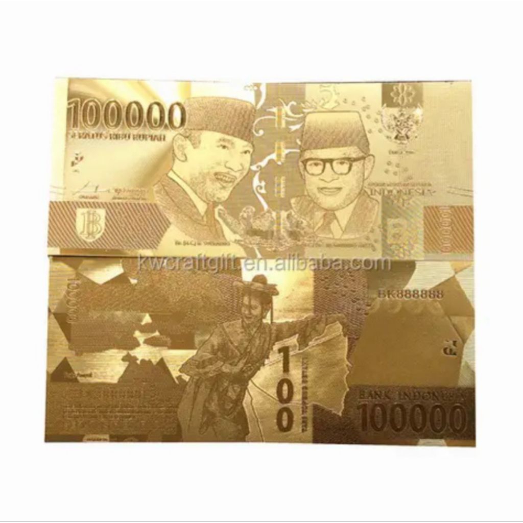 promo uang souvenir gold foil 100000 soekarno hatta tersenyum elegant mewah