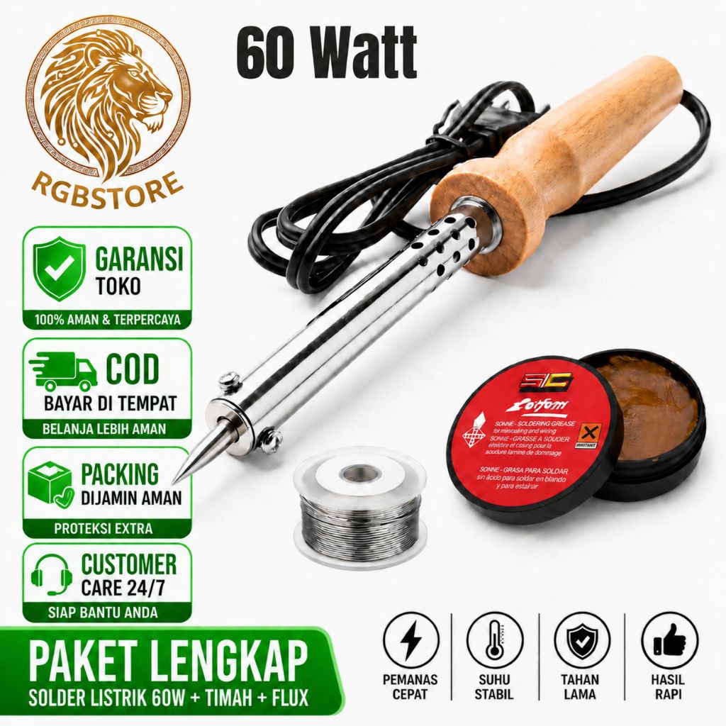 Paket Lengkap Solder Listrik 60W + Flux Pasta Solder + Timah Solder 2 Meter