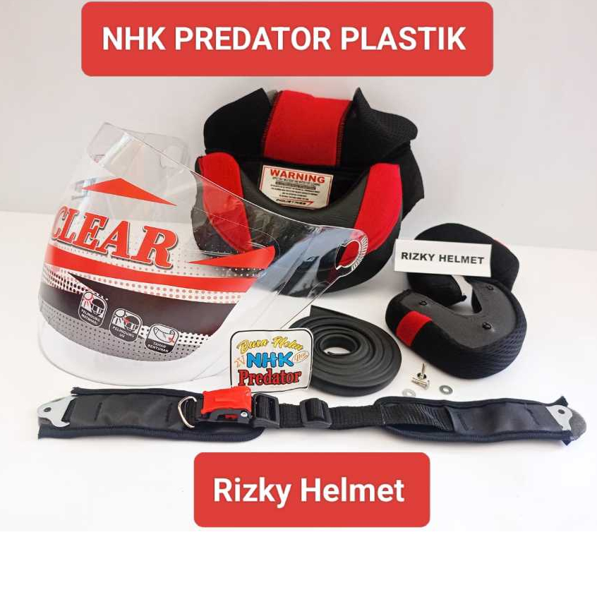 PAKET SPAREPART NHK PREDATOR PLASTIK, BUSA HELM NHK PREDATOR PLASTIK + KACA HELM + TALI HELM + LIS K