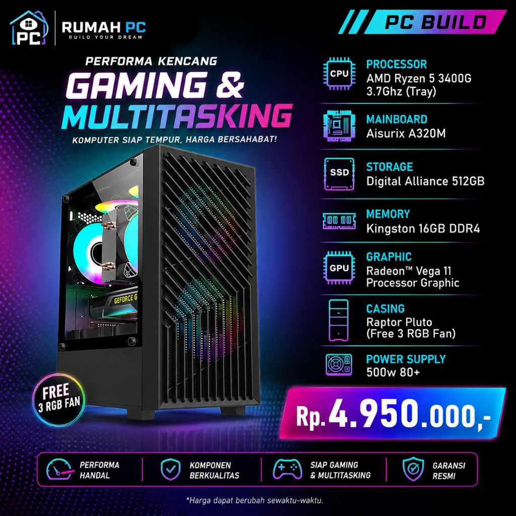 PC Gaming Rakitan AMD Ryzen 5 3400G - Ram 16GB - SSD 512GB