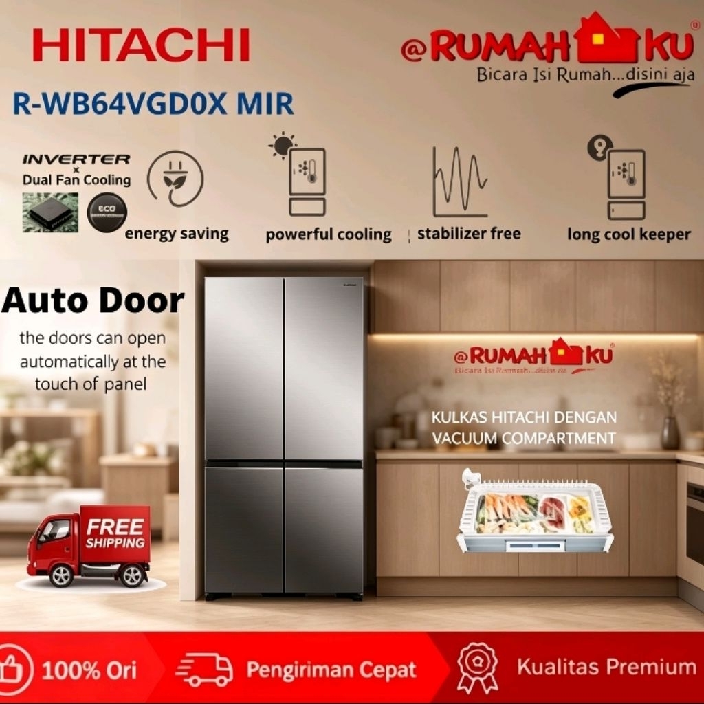 Kulkas Hitachi R-WB64VGD0X Mirror 569 Liter Inverter - Kulkas Bottom Freezer