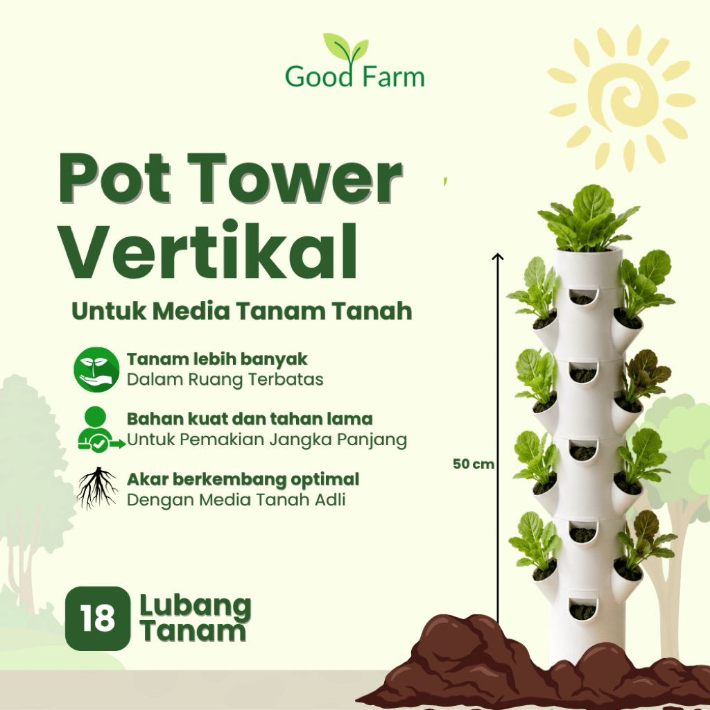 GoodFarm -GROWING POT TOWER 18 LUBANG TANAM 50 CM Vertikal vertikultur, pot tanaman pot hidroponik, 