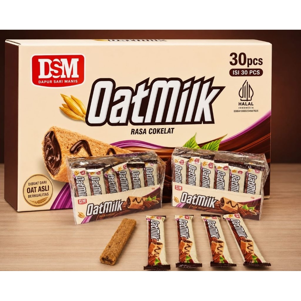 DSM Oatmilk OatMilk Wafer Roll Cokelat Isi 30pcs | Snack Oat Renyah Viral | Camilan Coklat Halal