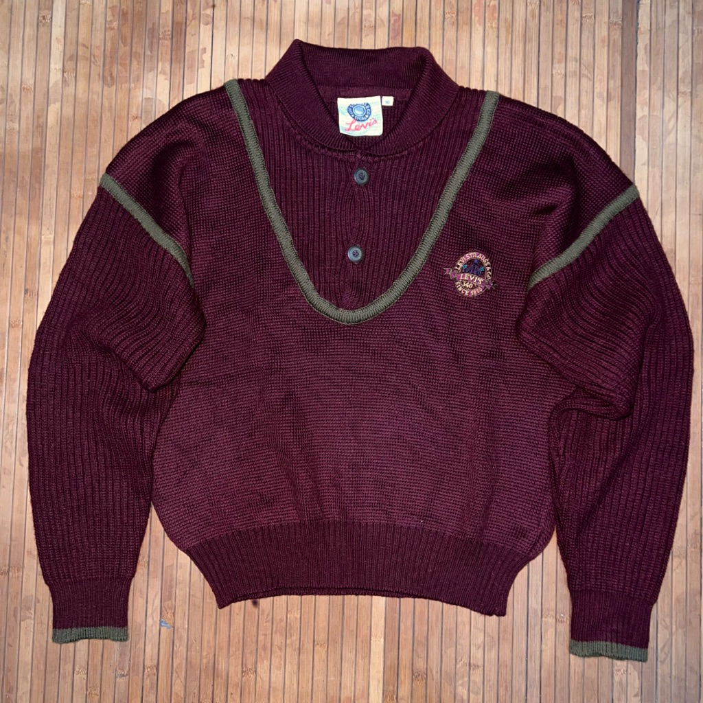 VINTAGE 90s LEVIS RAJUT 140th ANNIVERSARY BURGUNDY HEAVY WEIGHT KNITWEAR