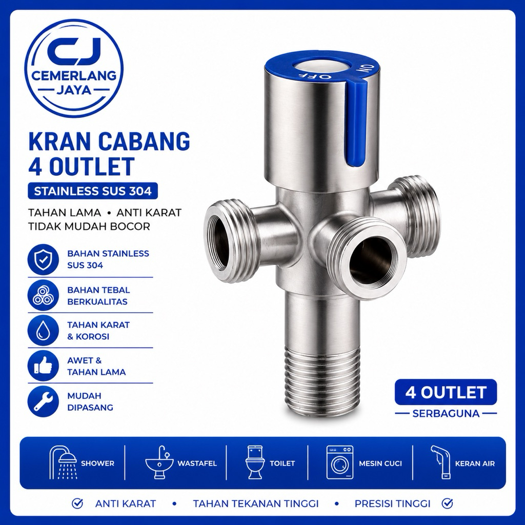CJ | Stop Kran Cabang 4 Outlet SUS304 Stainless Anti Karat Untuk Shower Mesin Cuci Wastafel