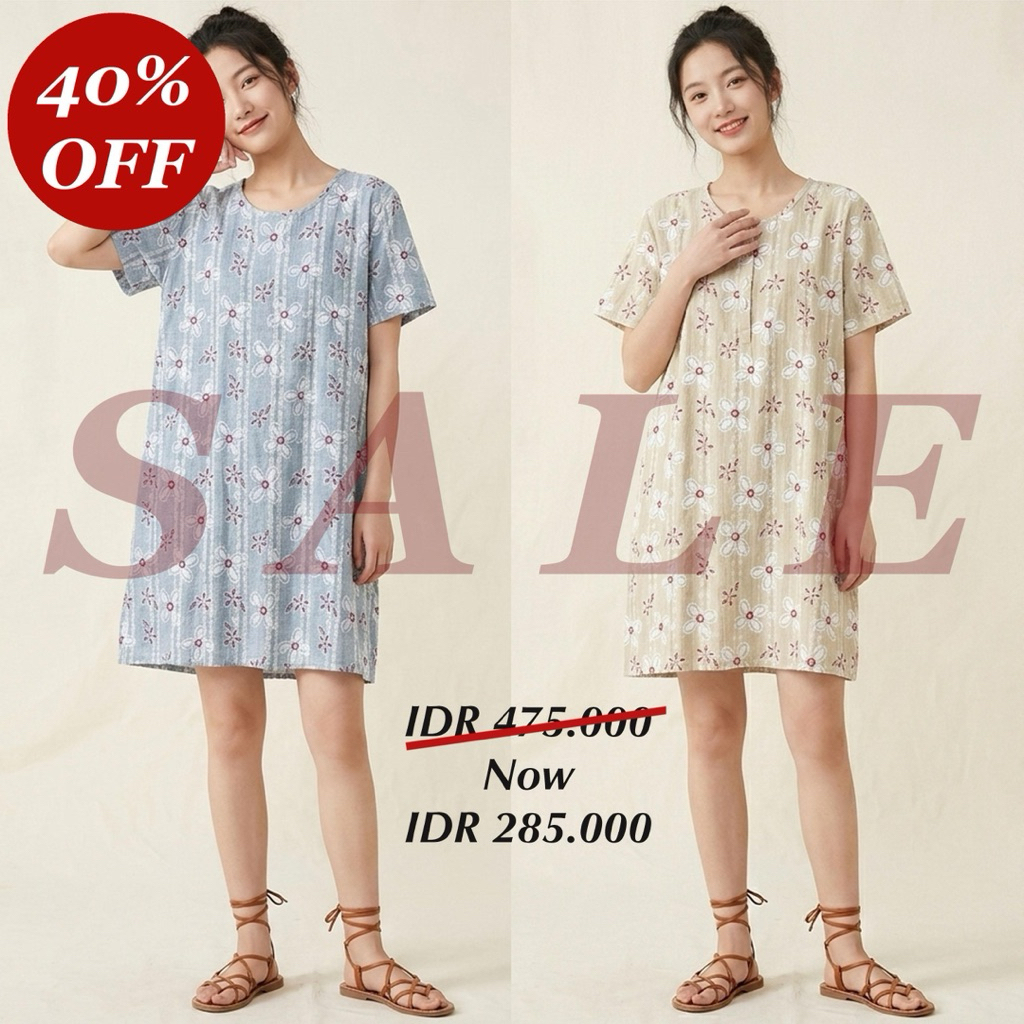DRESS MINI KATUN BIRU MUDA KREM BUNGA PRINT BUNGA KOREA IMPORT ~ Sale