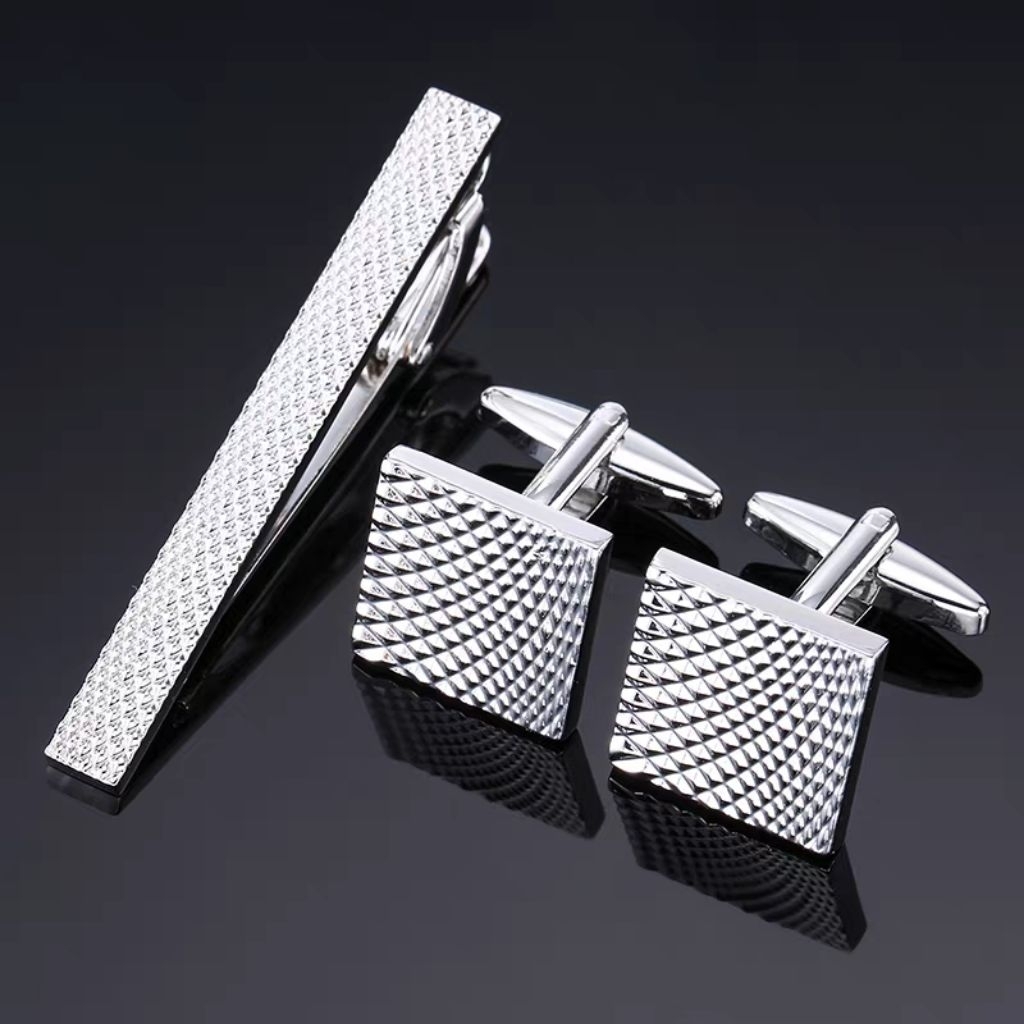 cufflinks set with tie clip (cufflinks manset french cuff one set with jepit dasi) silver minimalis 