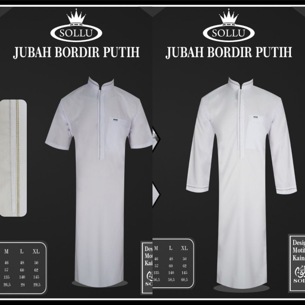 SOLLU Jubah/Gamis Pria Bordir Putih Lengan Pendek-Panjang 5250