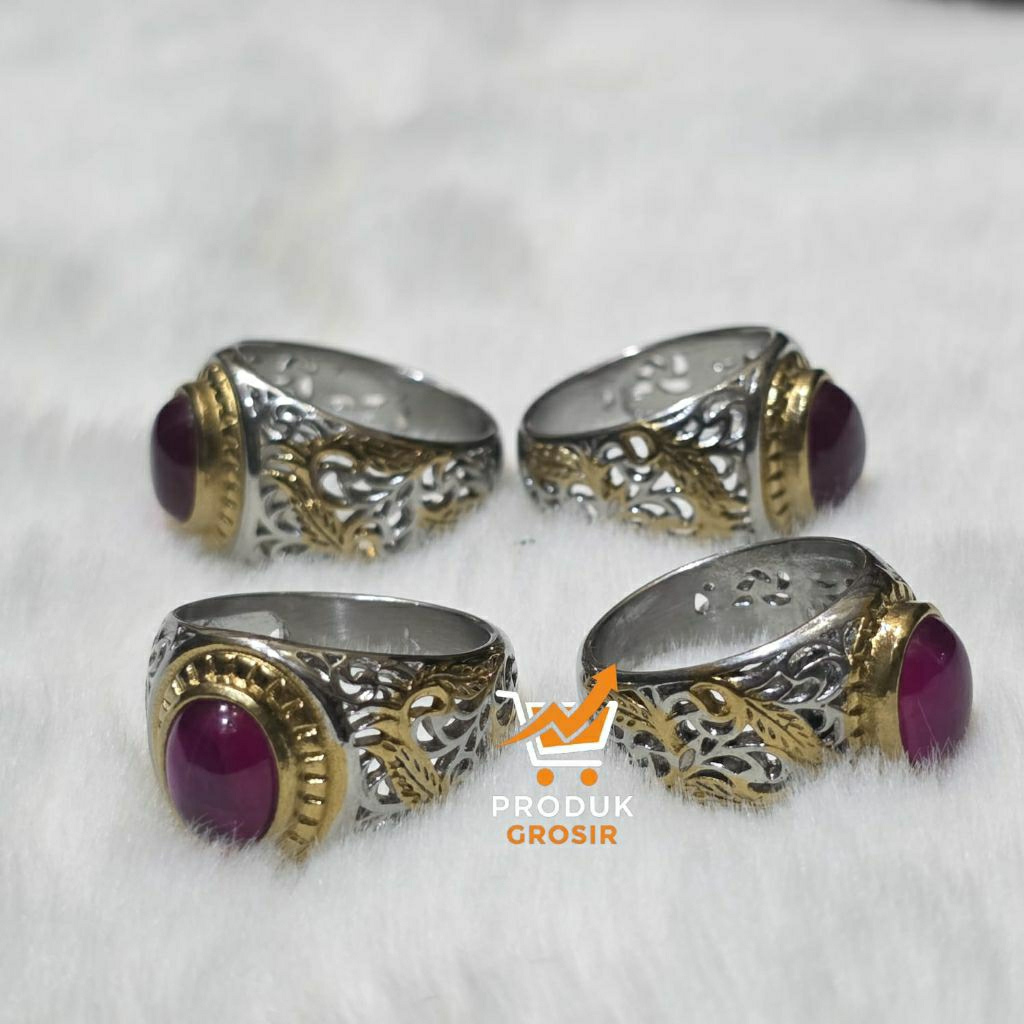 Cincin Batu Ruby Amerikan Star 6 Penjuru Ring Titanium Combinasi
