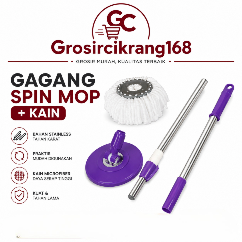 Tongkat Pel Alat Pel Spin Mop Putar Kepala mop Gagang Kain Pel Lantai Serbaguna