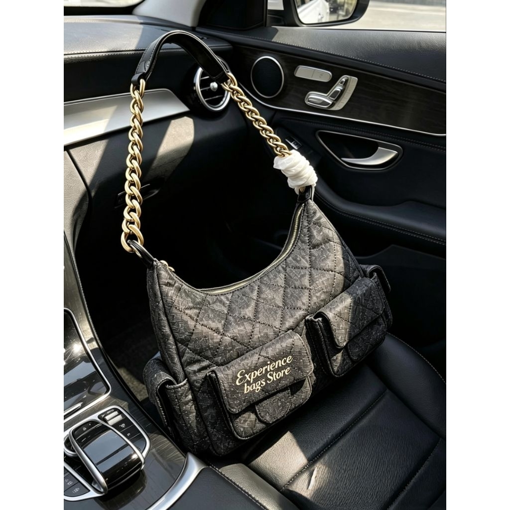 Experience Bags Store - Tas Bahu Kanvas Hitam Rantai Emas dengan Saku Tambahan bonus box double Suda