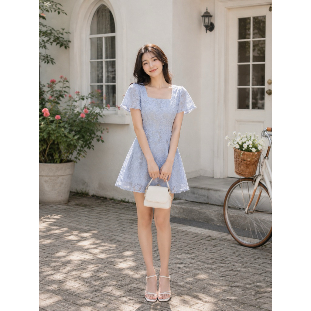 PL Mini Dress SSD Biru Pastel Wanita Korean Style Elegant Dress
