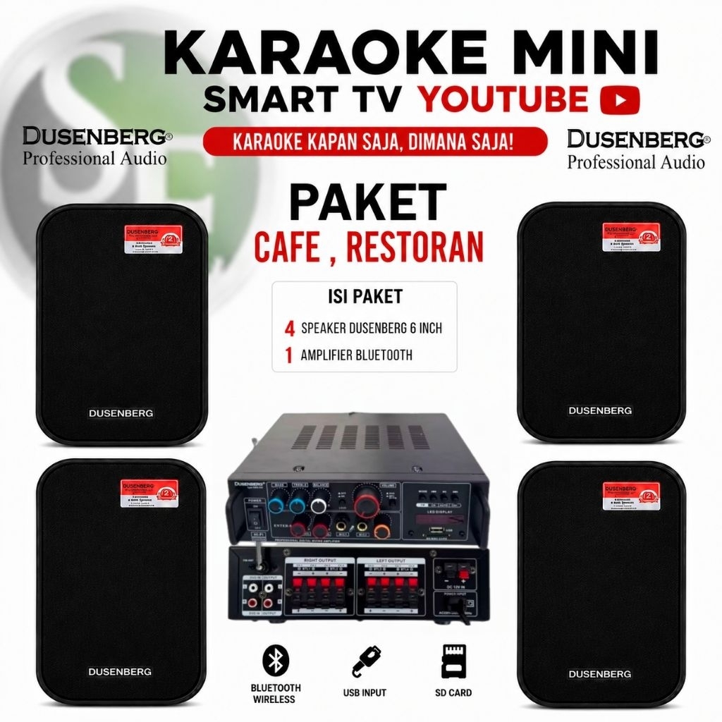 Paket Premiun"ss Cafe & Restoran – 4 Speaker Dusenberg 6 Inch + Amplifier Bluetooth Play Musik Youtu