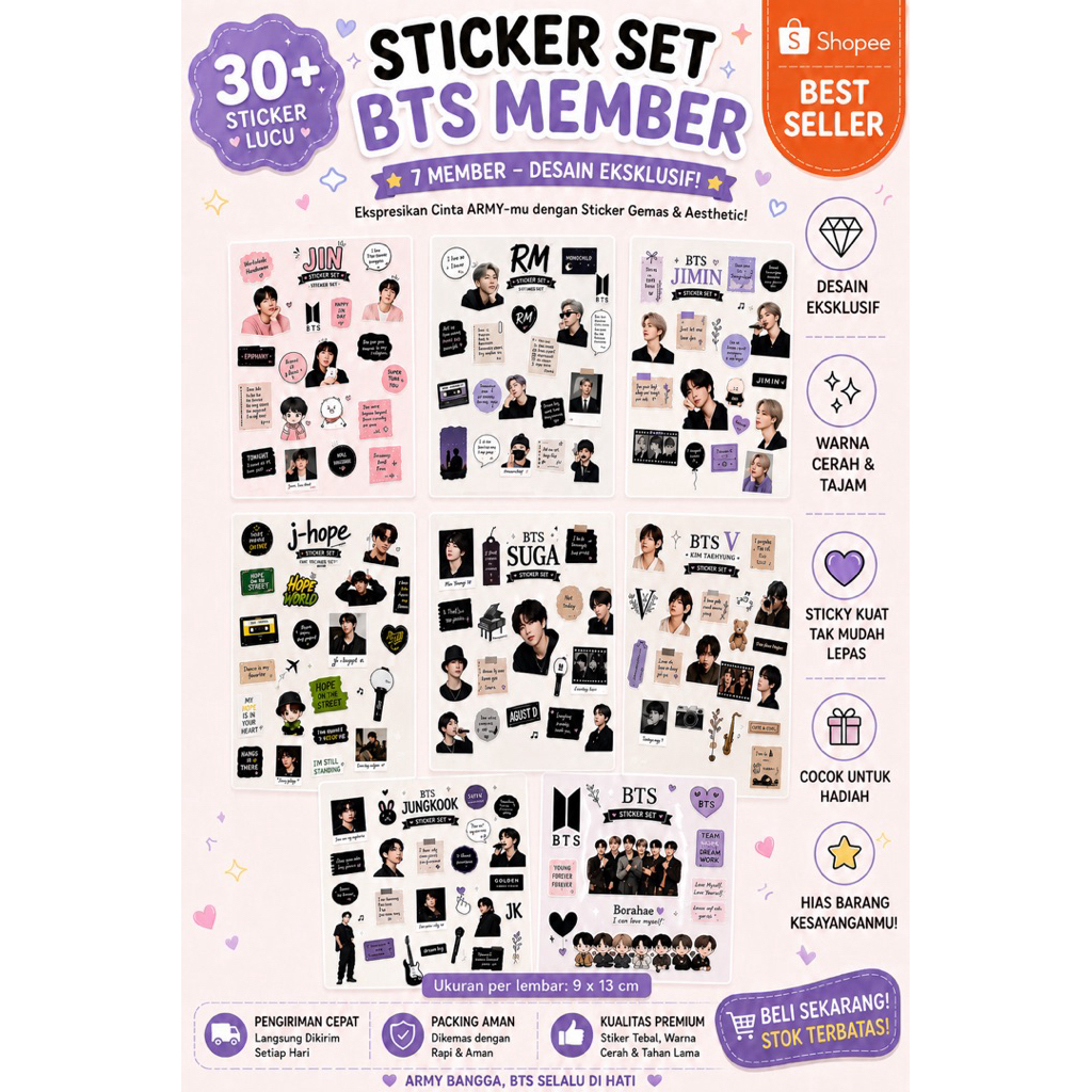 Sticker Pack BTS Jin RM J-Hope Suga Jimin V Jongkook Aesthetic Dekorasi Hp Ipad Laptop Helm