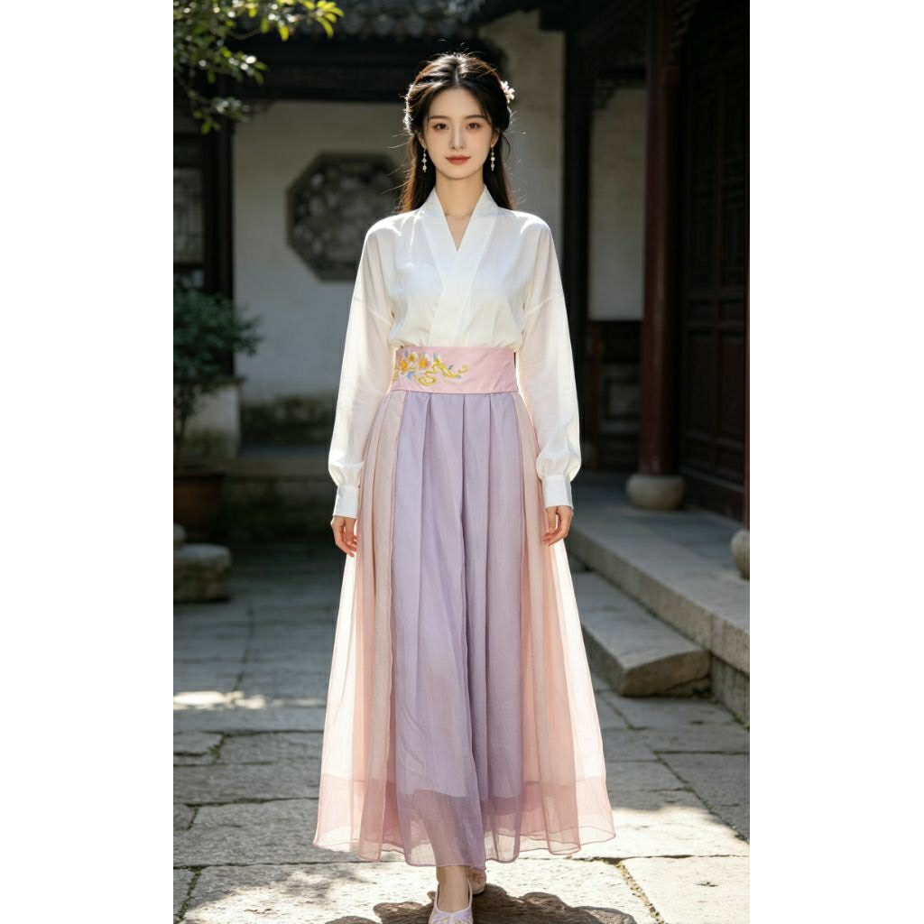 (NEW) HANFU MODERN SKIRT EMBROIDERY ROK LILIT BORDIR BUNGA PINK LILAC CHINESE STYLE ORI CHINA