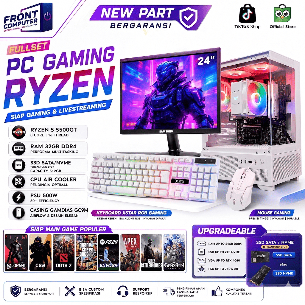 PC Gaming Fullset AMD Ryzen 5 5600G/5500GT | 32GB DDR4 | Monitor 24inch | Keyboard dan Mouse