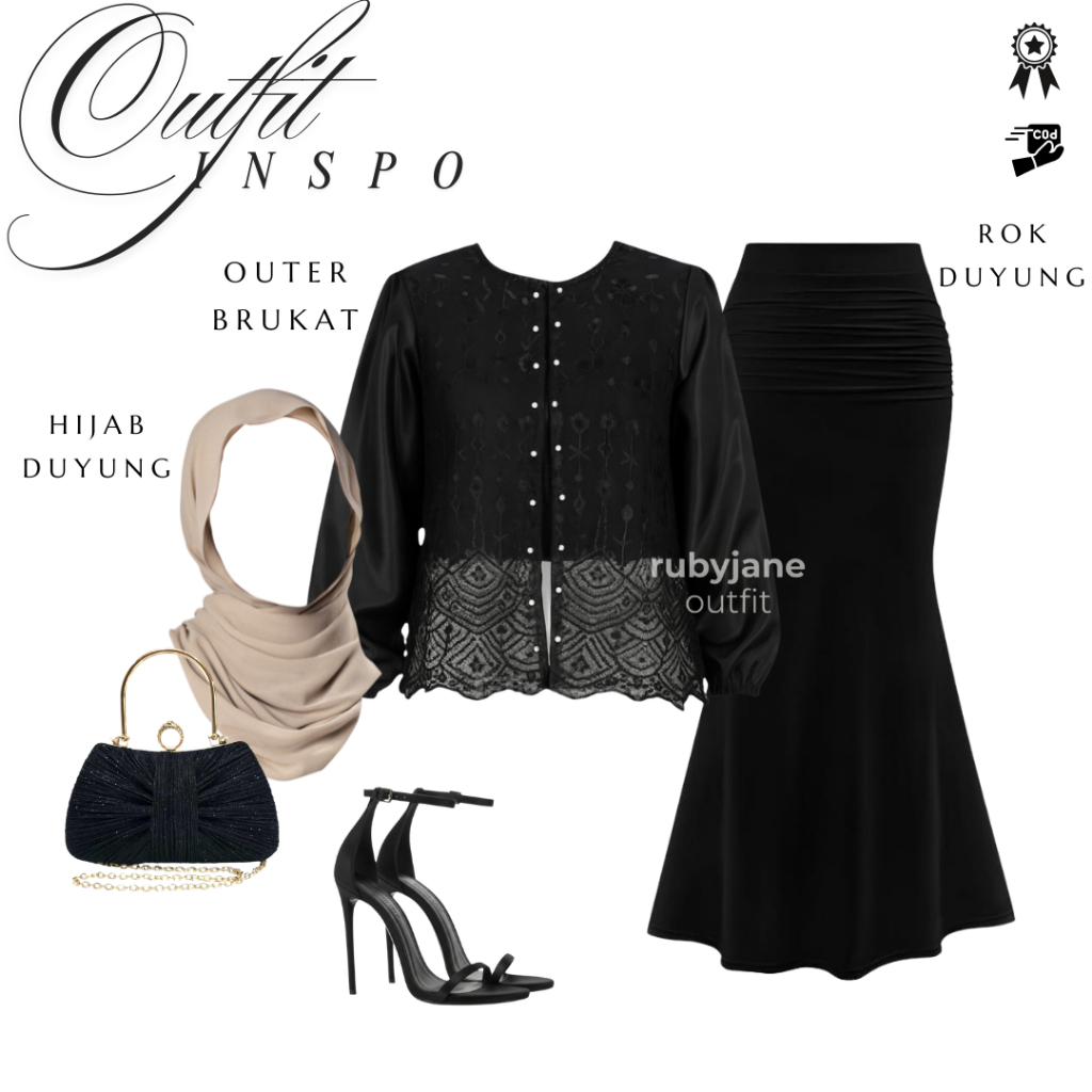 Outfit Kondangan Kekinian Wanita || Hijab Outer Brokat Rok Duyung Hitam || Set Brokat Hitam Mewah El