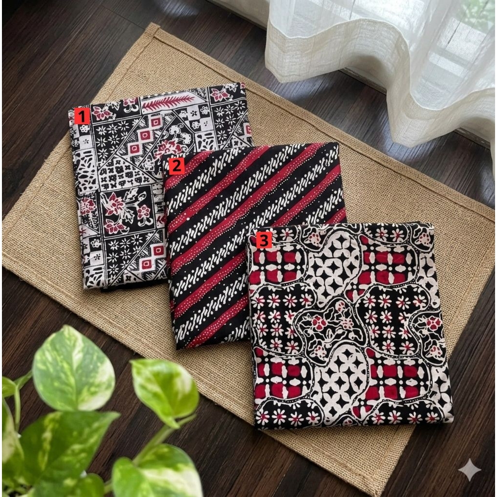 KAIN BATIK CAP HANDMADE KAIN HALUS MOTIF MOTIF BUNGA SERI WARNA HITAM MERAH