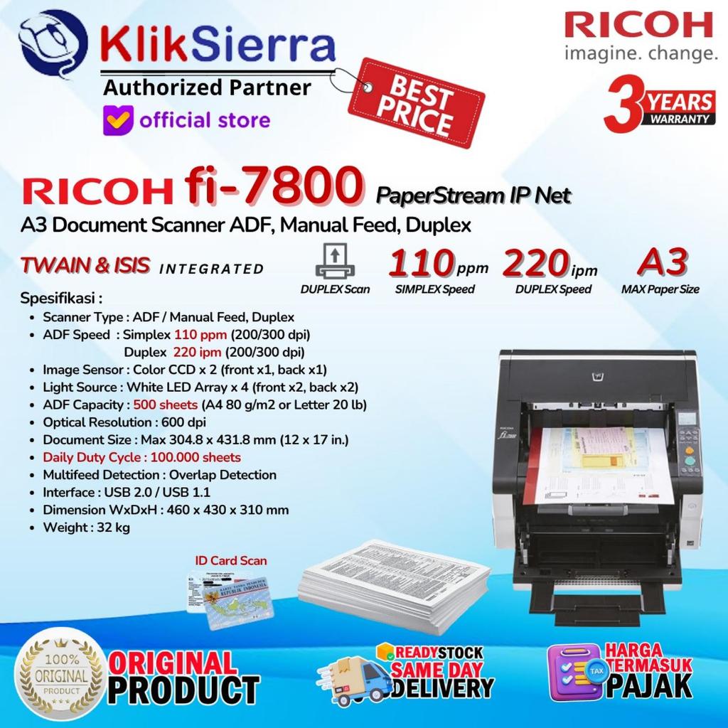 RICOH FUJITSU SCANNER Fi-7800 A3 ADF - Fi7800 Garansi Resmi - 110ppm Original