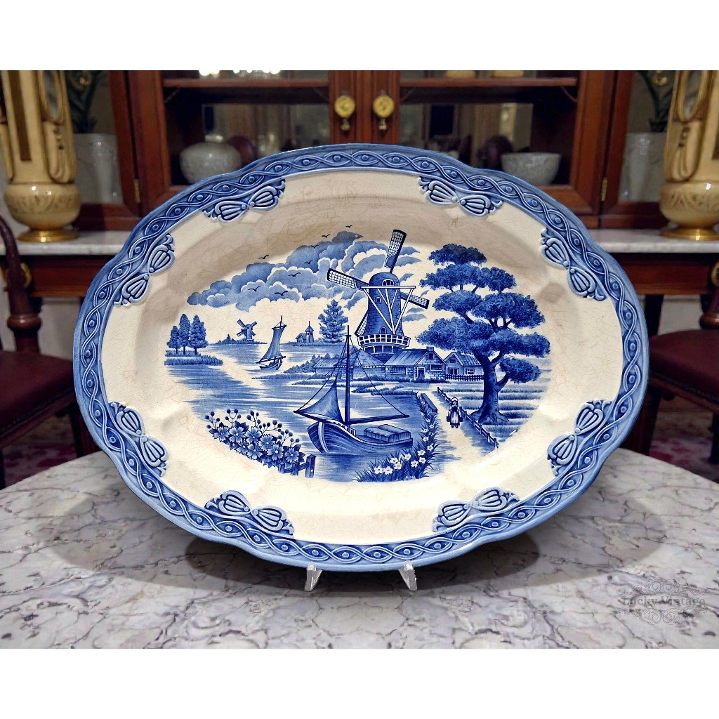 Vintage Made In Japan Oval Plate Motif Holland Village Lodor Keramik Biru Putih Lawas