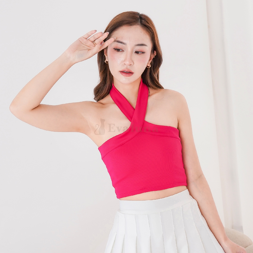 [EVALUNA] Atasan Crop Wanita Korean Basic - YVONNE Halter Neck Crop Tops Knit Premium