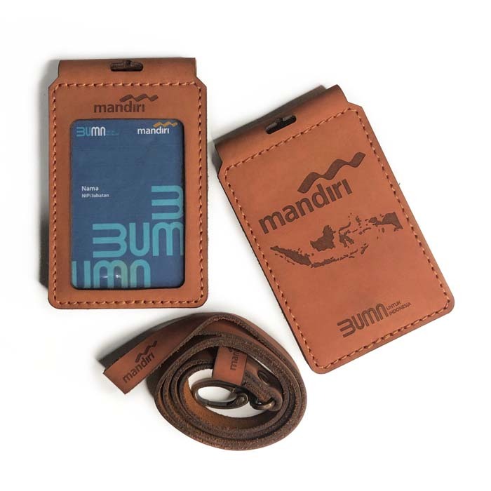 ID Card Kulit Sapi Asli Custom Cetak Logo Gantungan Tali Lanyard Nametag Holder Mika Magnet Saku