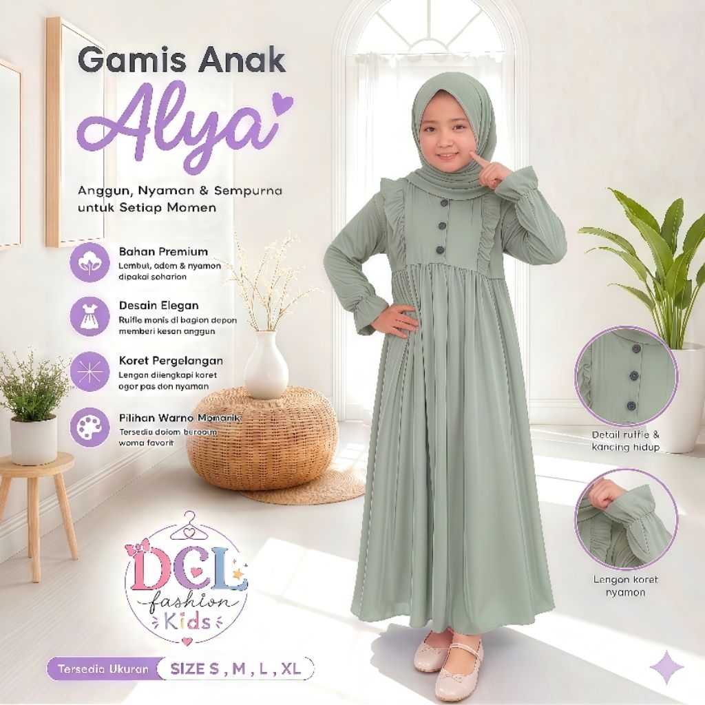 Gamis Alya Sage - Gamis Anak Perempuan Model Alya Hijau Sage Green Adem Premium usia 1-12 Tahun DCL 