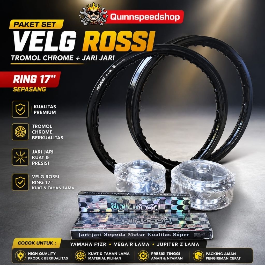Paket Set Velg Rossi Tromol Chrome Jari Jari Yamaha F1ZR Vega R Lama Jupiter Z Lama Sepasang Ring 17