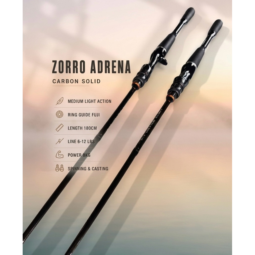 Zorro Adrena Carbon Solid Joran Pancing Medium Light Action 180cm Fuji Guide 6-12 LBS 8KG Spinning &