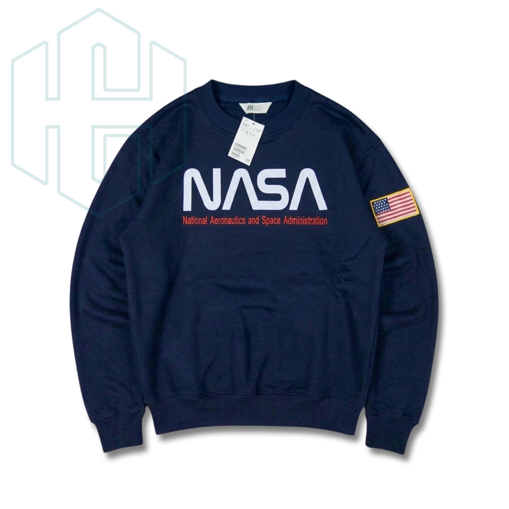 Sweater Crewneck Nasa HM Hitam-Putih-Navy Full Tag & Label