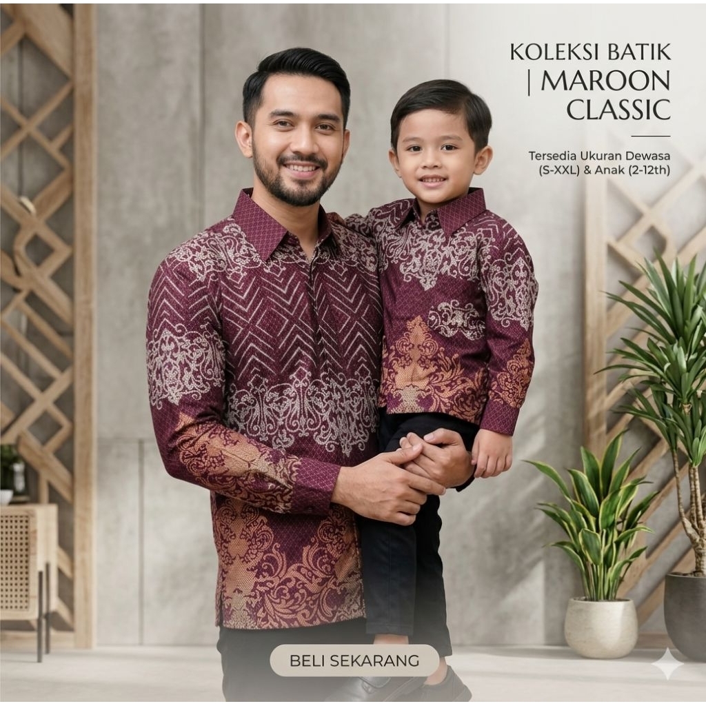 Kemeja batik maroon pria couple ayah & anak lengan panjang furing hero & anak tanpa furing bahan kat