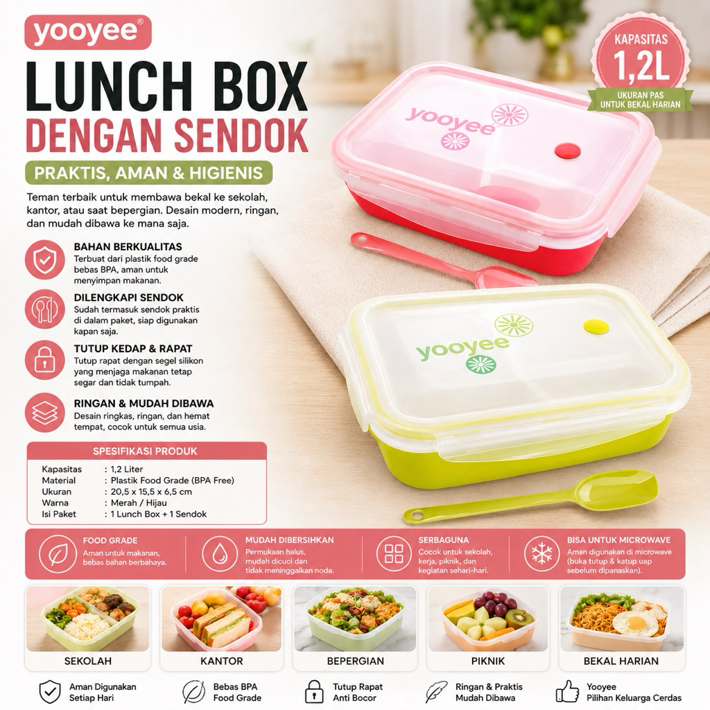 Kotak Makan Yooyee 4 Sekat Dengan Mangkok Sup Bening