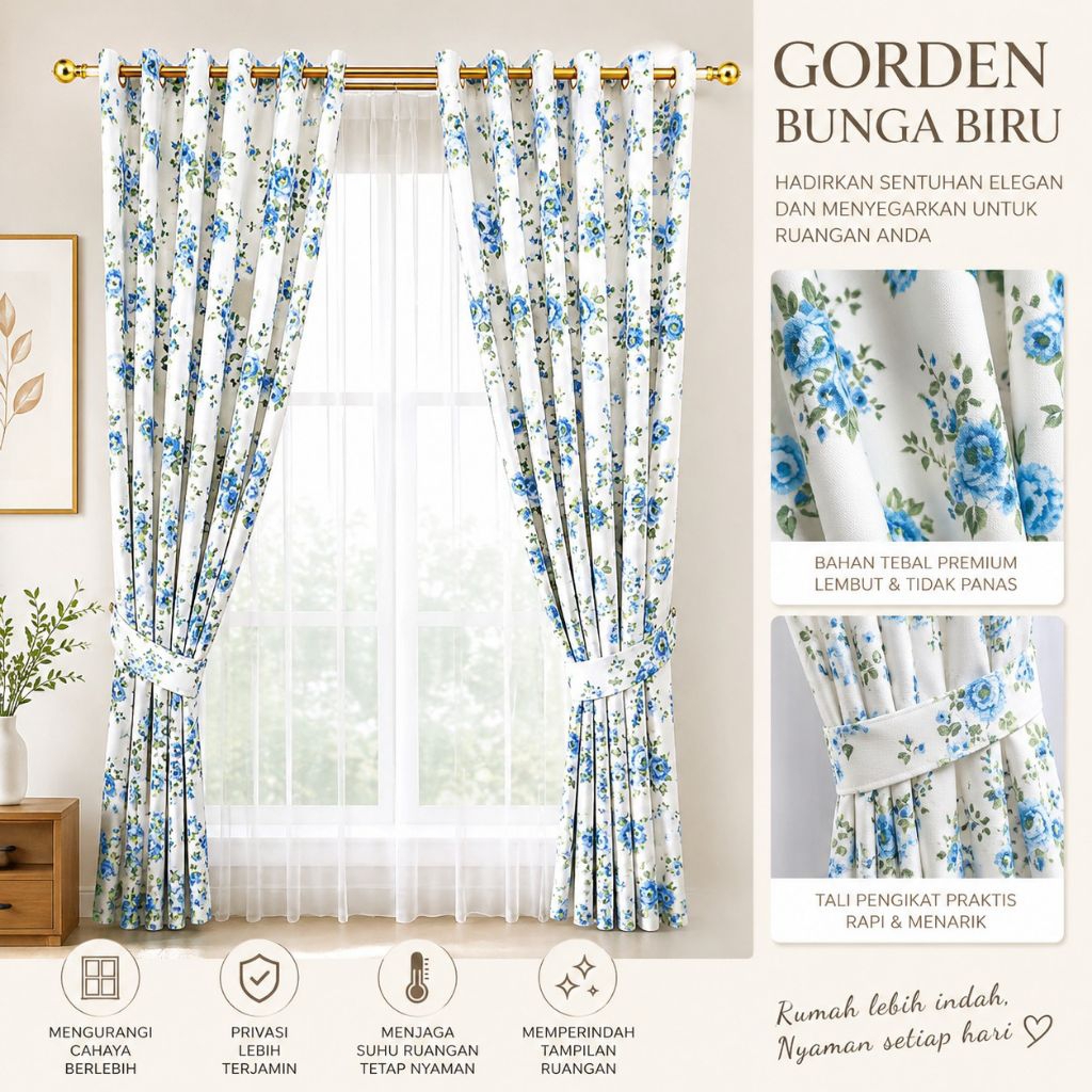 PROMO Gorden Pintu Jendela Bahan Blacout Motif Bunga Panda Sabi