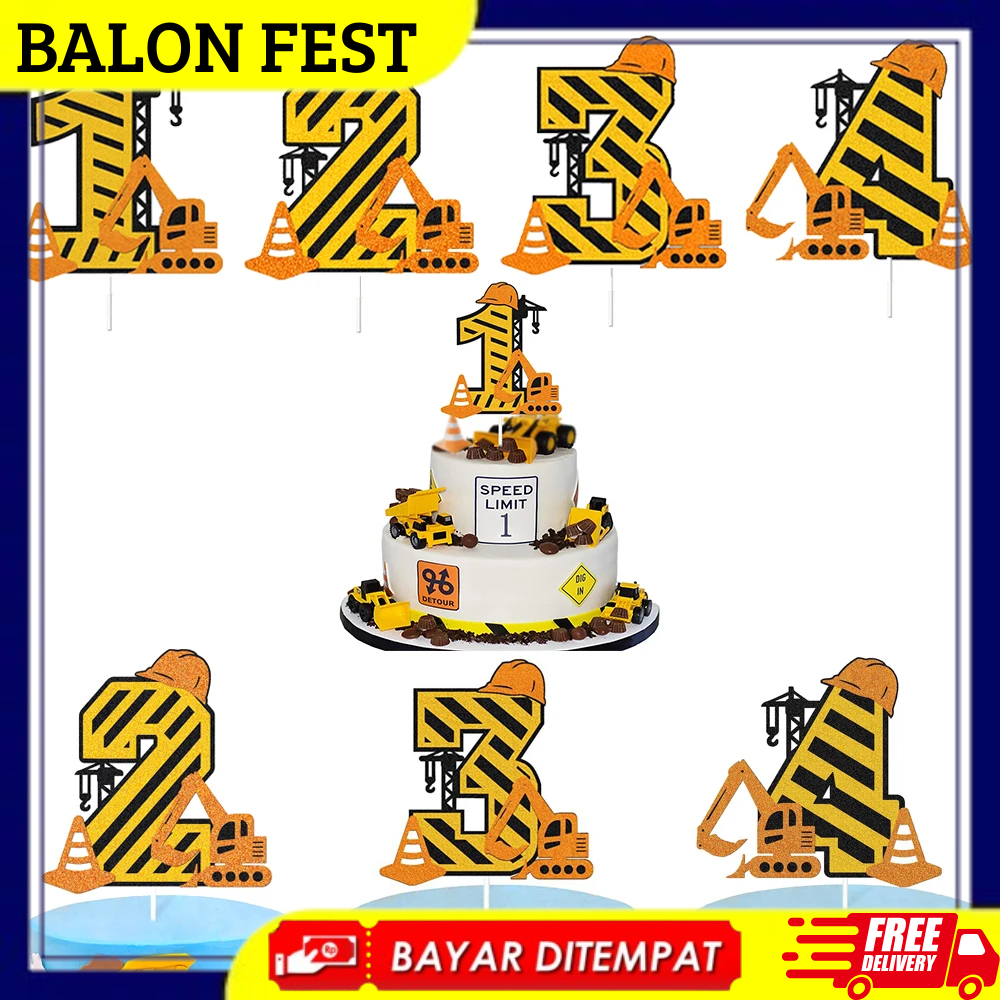 Topper Kue Kontruksi Angka 1 2 3 Kertas Karton Dekorasi Pesta Anak Laki-Laki