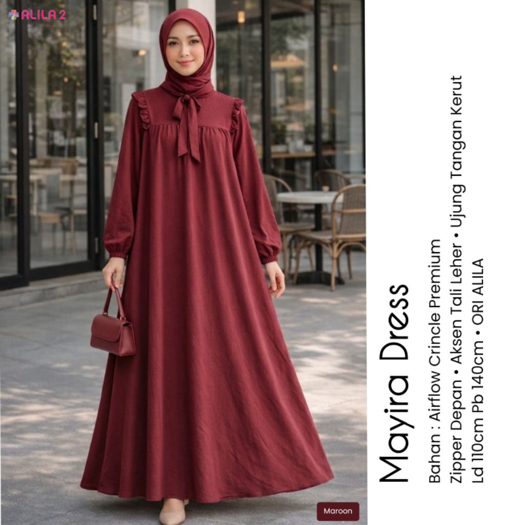 MAYIRA DRESS GAMIS WANITA MUSLIM DEWASA POLOS AIRFLOW CRINGKLE PREMIUM TANPA SETRIKA LD 110 CM BAJU 
