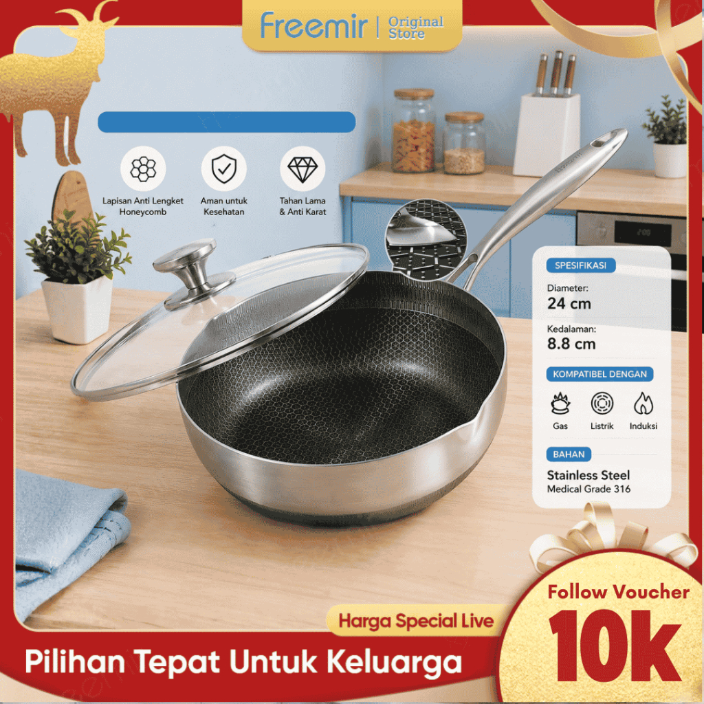 [HOT] freemir original Stainless Steel SUS 316 Honeycomb Wok Pan 24 cm Anti Lengket Premium