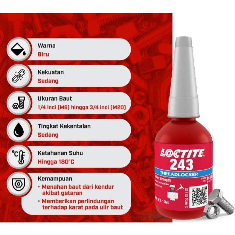 Lem Baut Mur Thread Locker LOCTITE 243 BIRU 10ml Medium Strength ORI