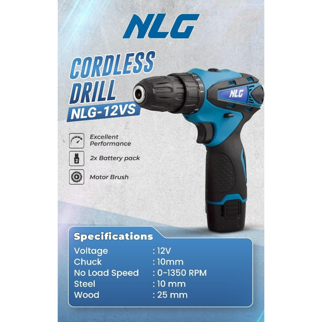 NLG 12VS MESIN BOR TANGAN BATERAI TANPA KABEL / CORDLESS DRILL SET 10MM 12 VOLT