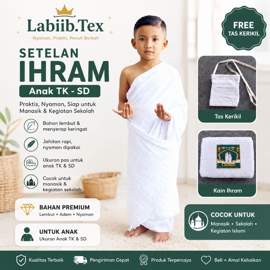 Ihram instant Anak TK SD  + Tas Kerikil | Labiib.tex