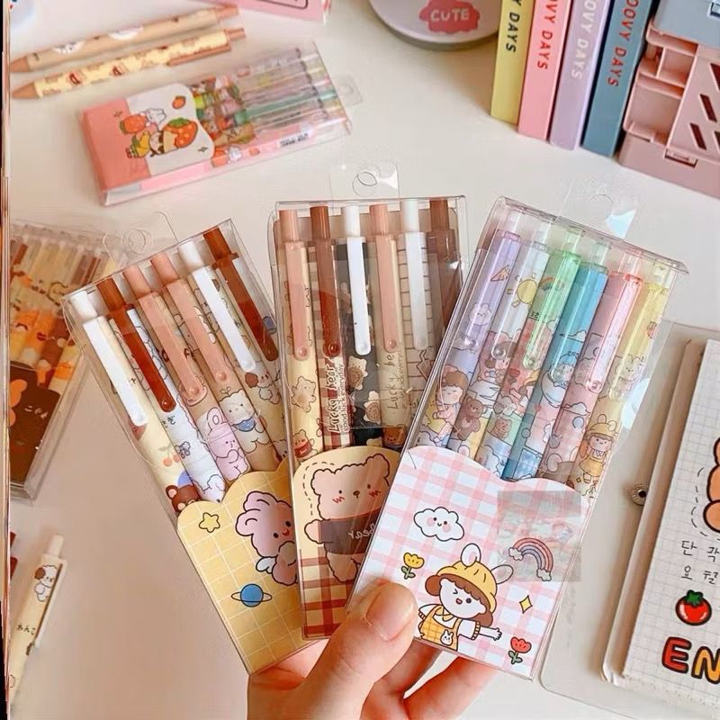 Pulpen Gel Lucu Set 6in1 | Pulpen Tinta Hitam | Pulpen Gel Hitam Set