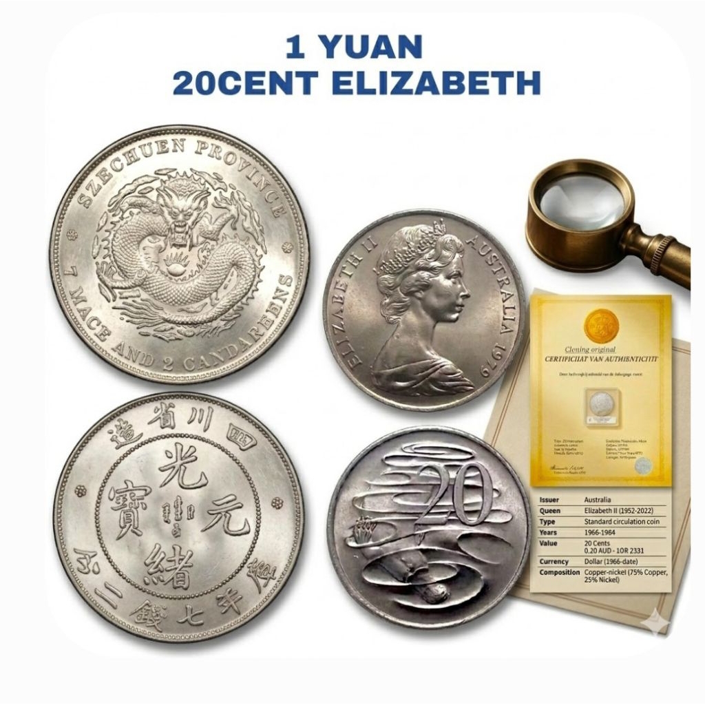 KOIN ELIZABETH 20 CENT & KOIN PERAK 1 YUAN GUANGXU GGHS
